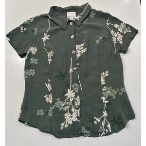 Vintage Karen Kane Petite Green Floral Asian Print Button Front Top Y2K 90s Boho